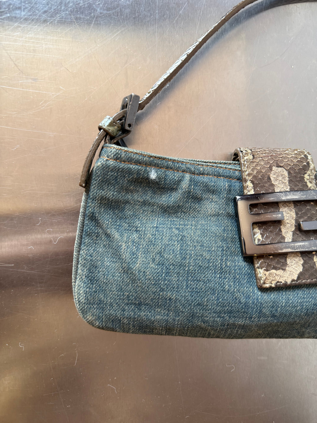 FENDI DENIM & PYTHON MINI BAGUETTE