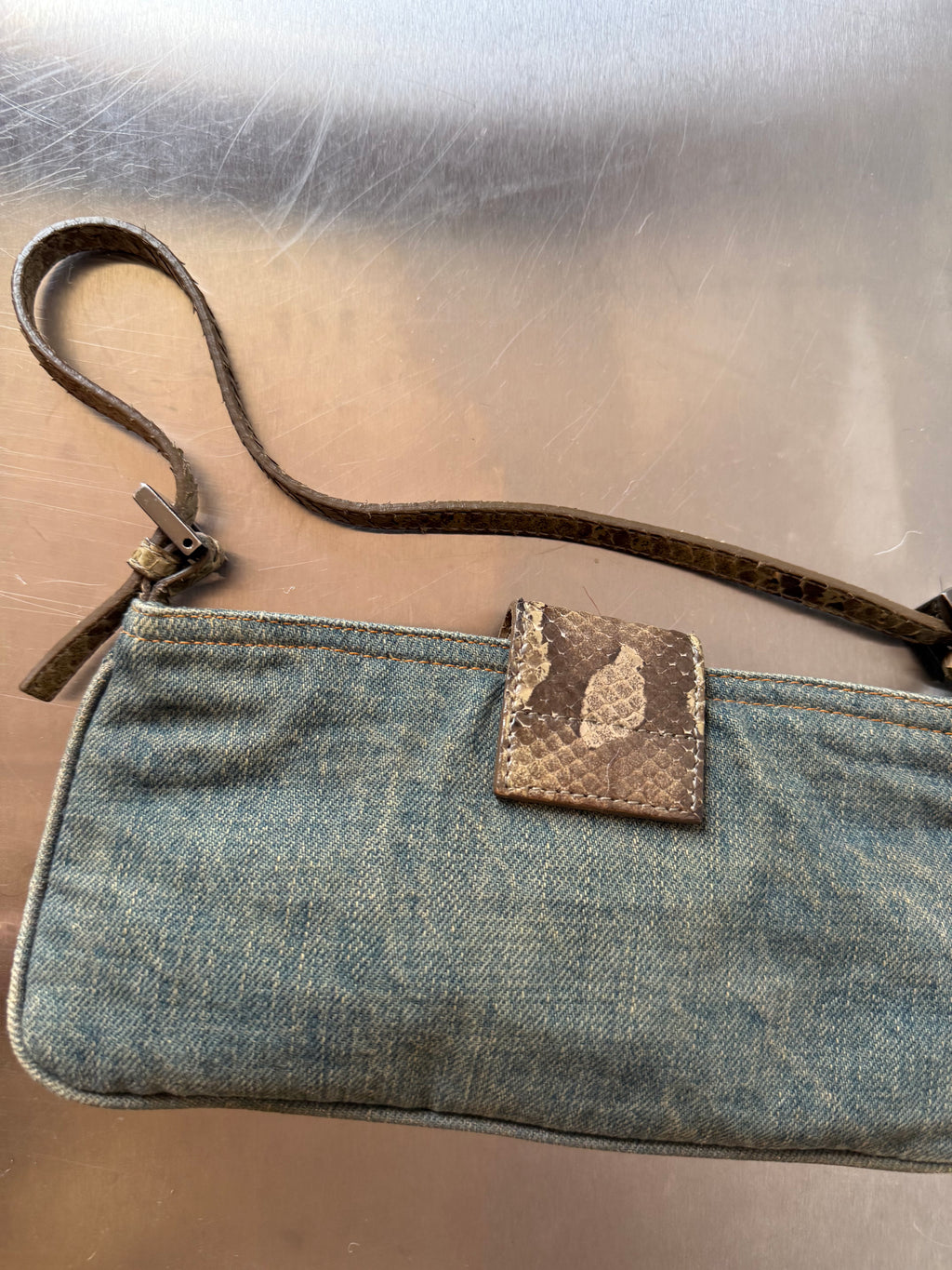 FENDI DENIM & PYTHON MINI BAGUETTE