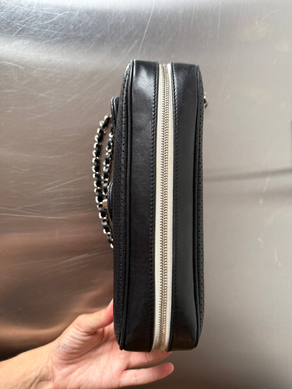 CHANEL BLACK PERFORATED BASEBALL SPIRIT MEDIUM FLAP