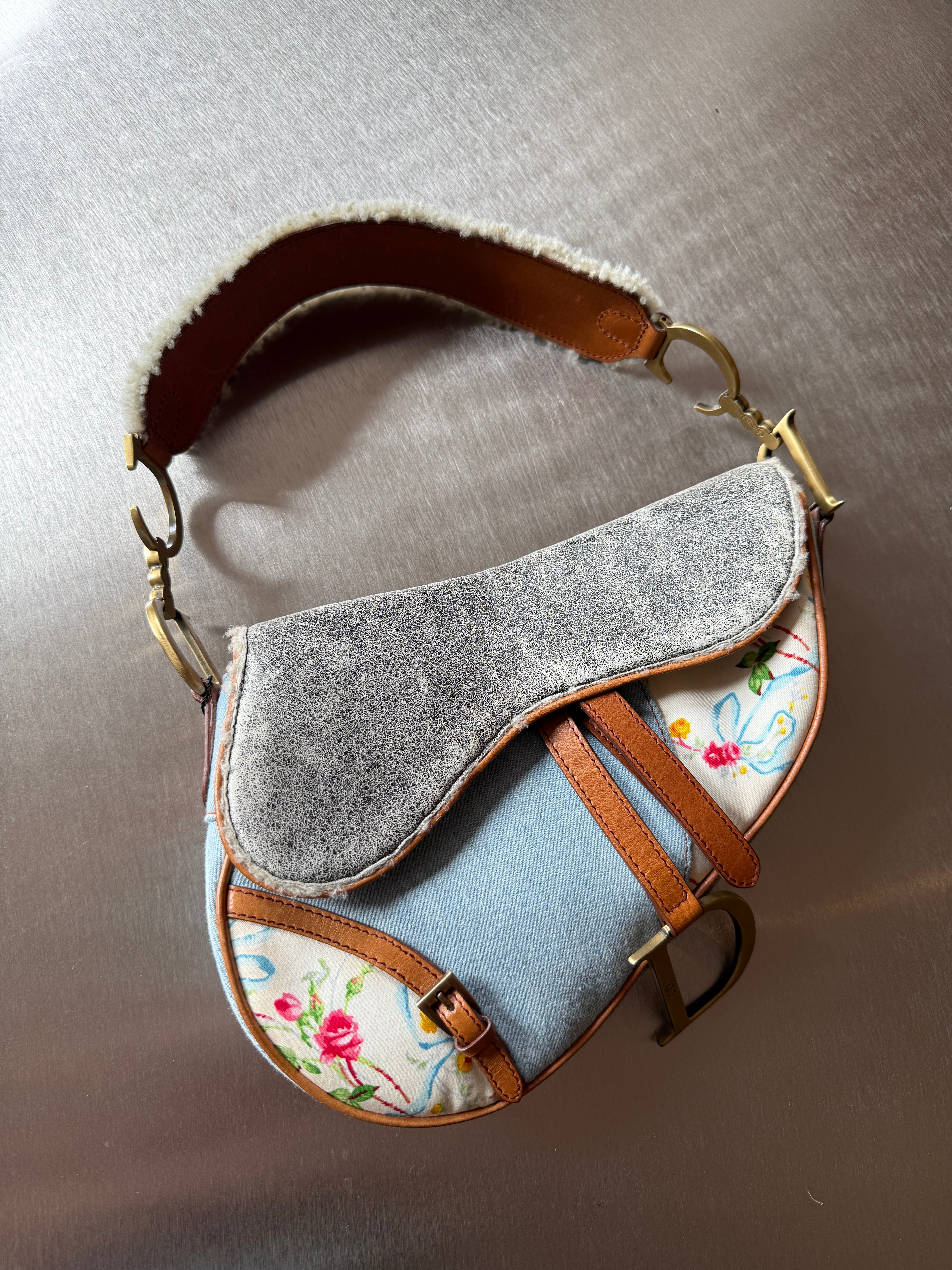 DIOR DENIM PATCHWORK SHEARLING SADDLE