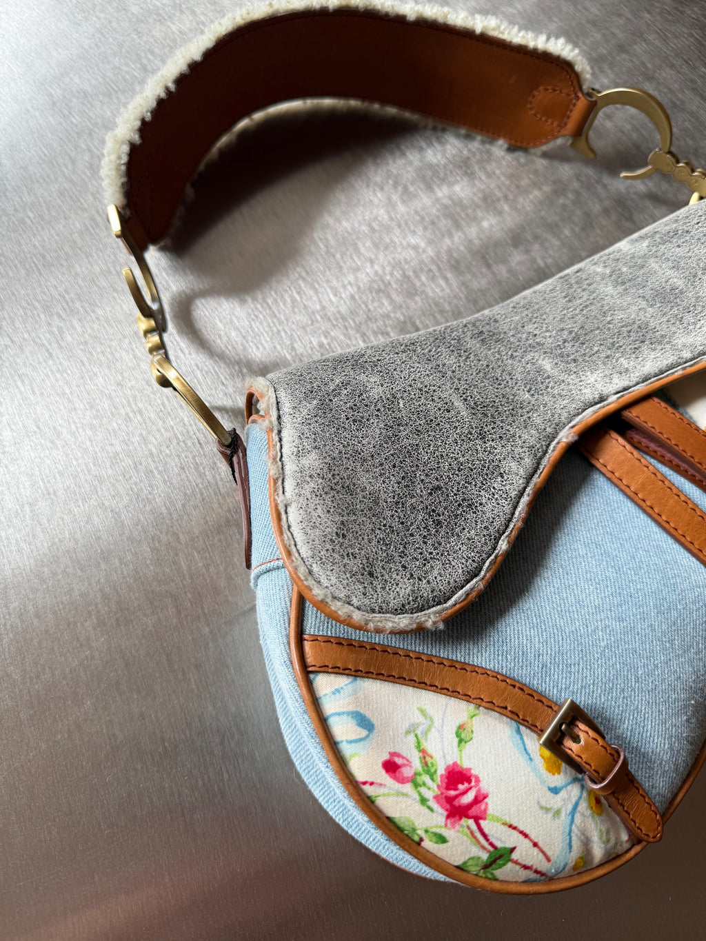 DIOR DENIM PATCHWORK SHEARLING SADDLE