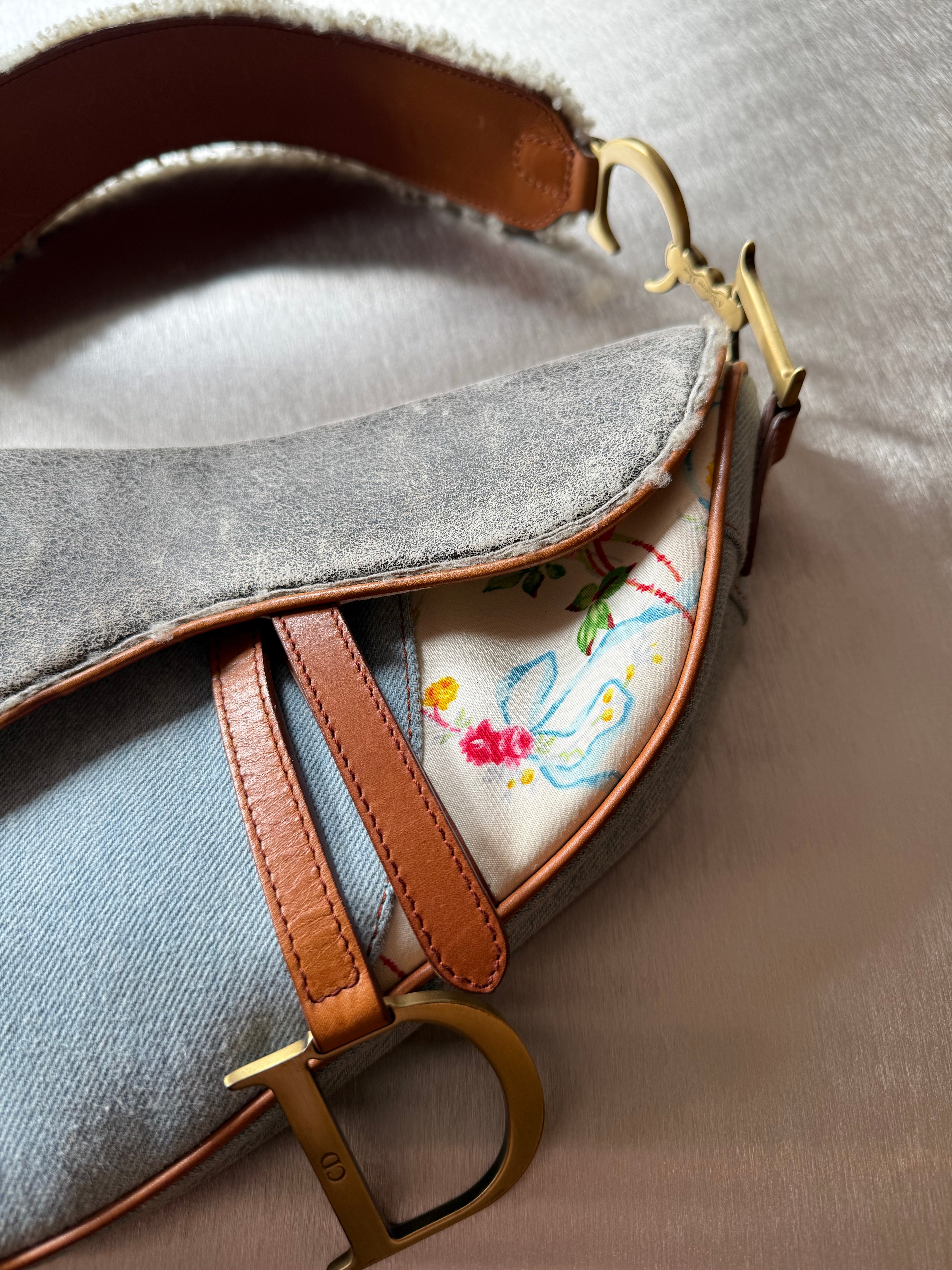 DIOR DENIM PATCHWORK SHEARLING SADDLE