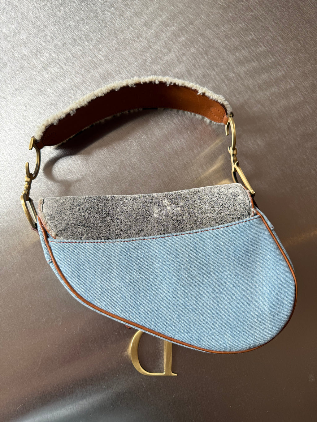 DIOR DENIM PATCHWORK SHEARLING SADDLE