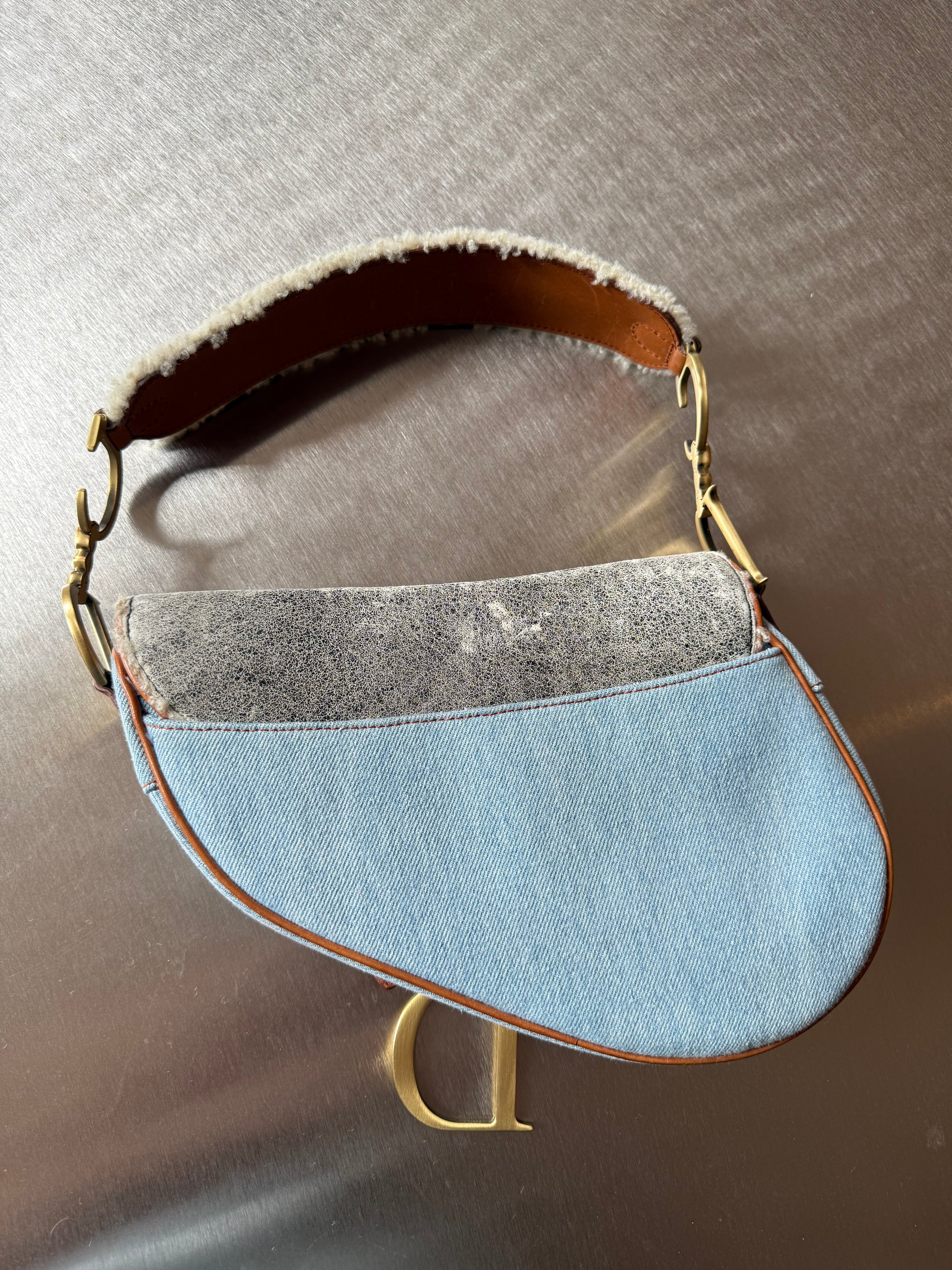 DIOR DENIM PATCHWORK SHEARLING SADDLE