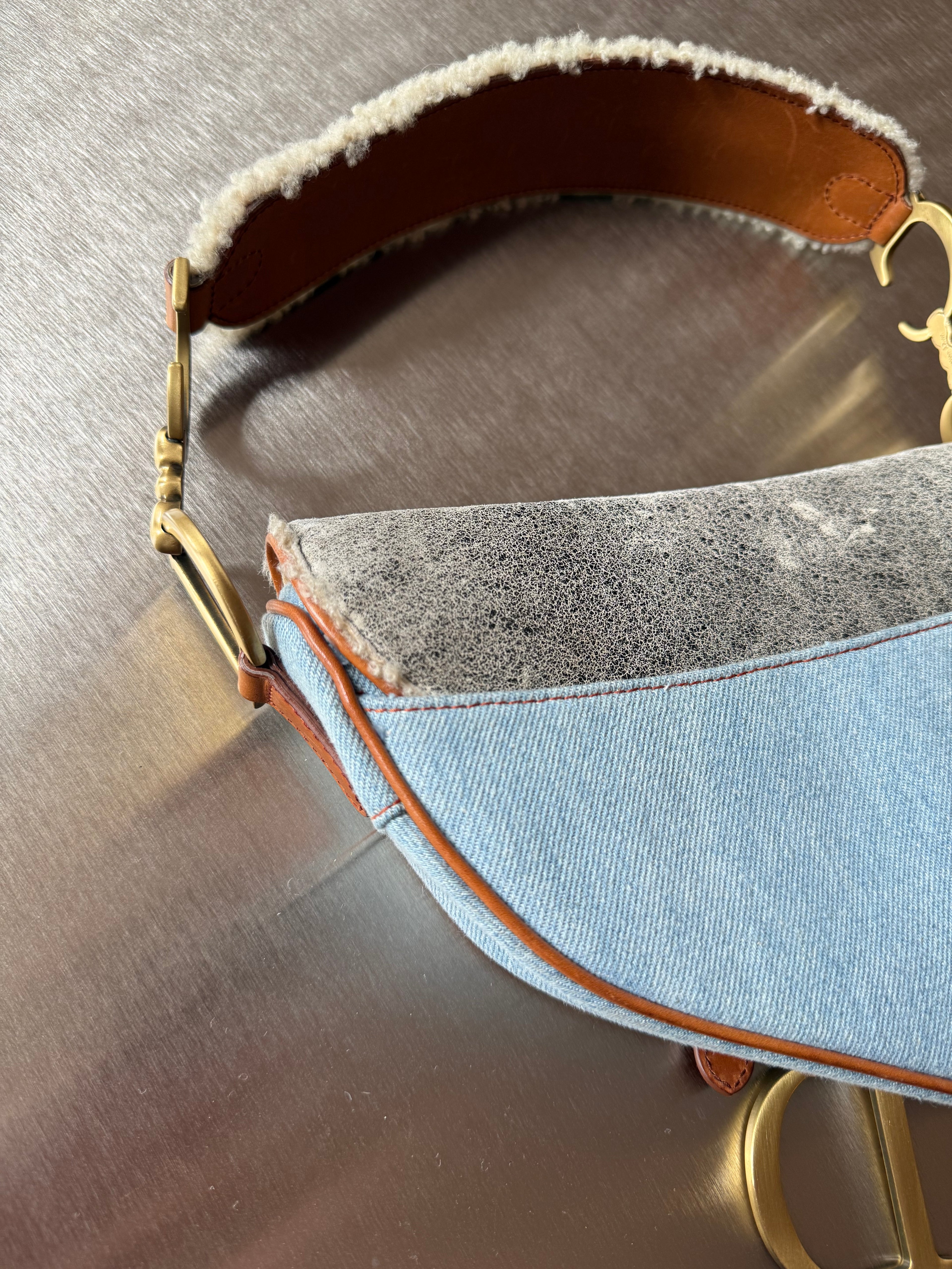 DIOR DENIM PATCHWORK SHEARLING SADDLE