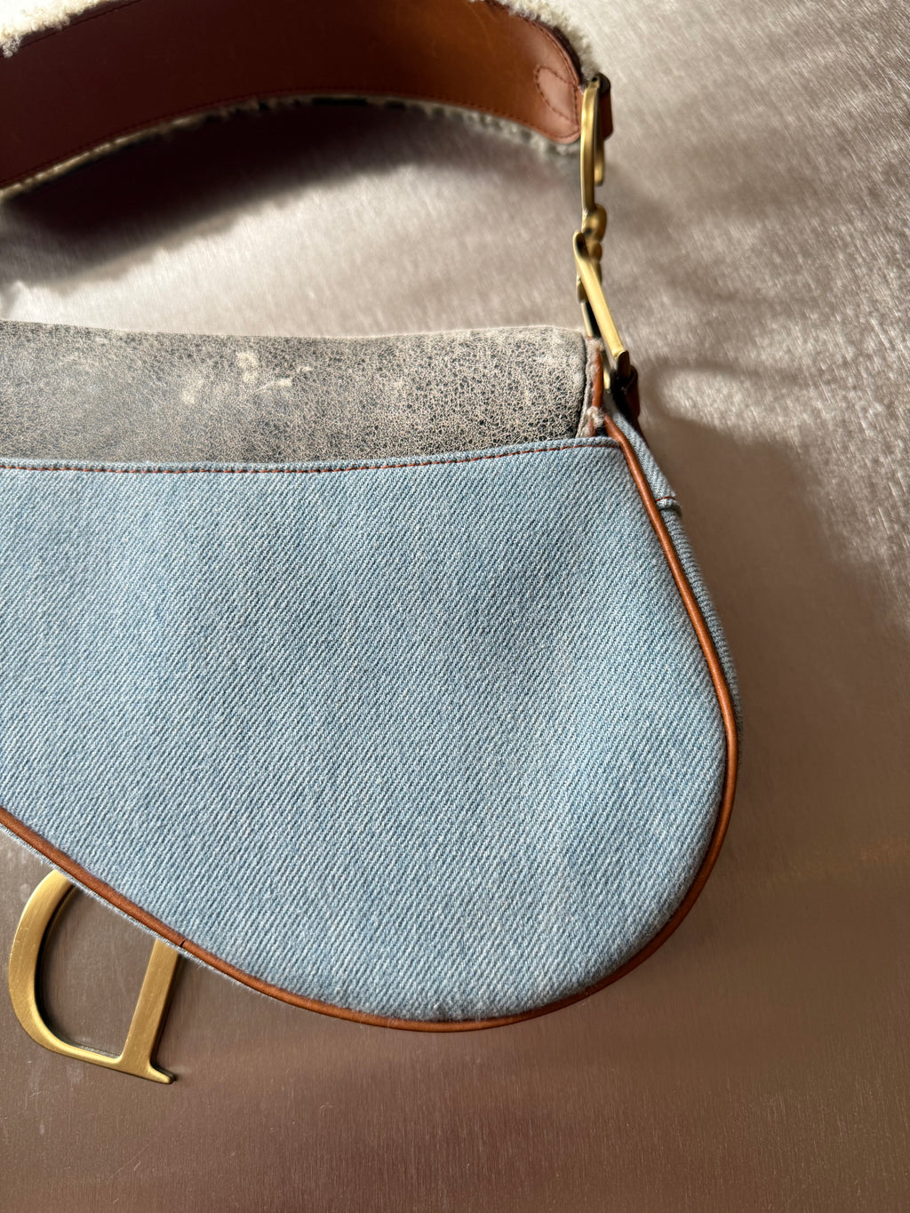 DIOR DENIM PATCHWORK SHEARLING SADDLE