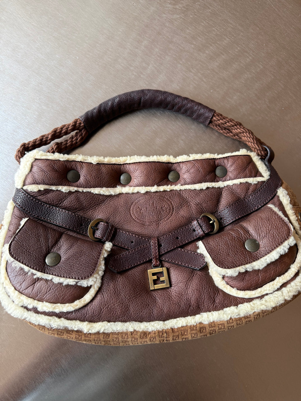FENDI BROWN SUEDE & SHEARLING HOBO