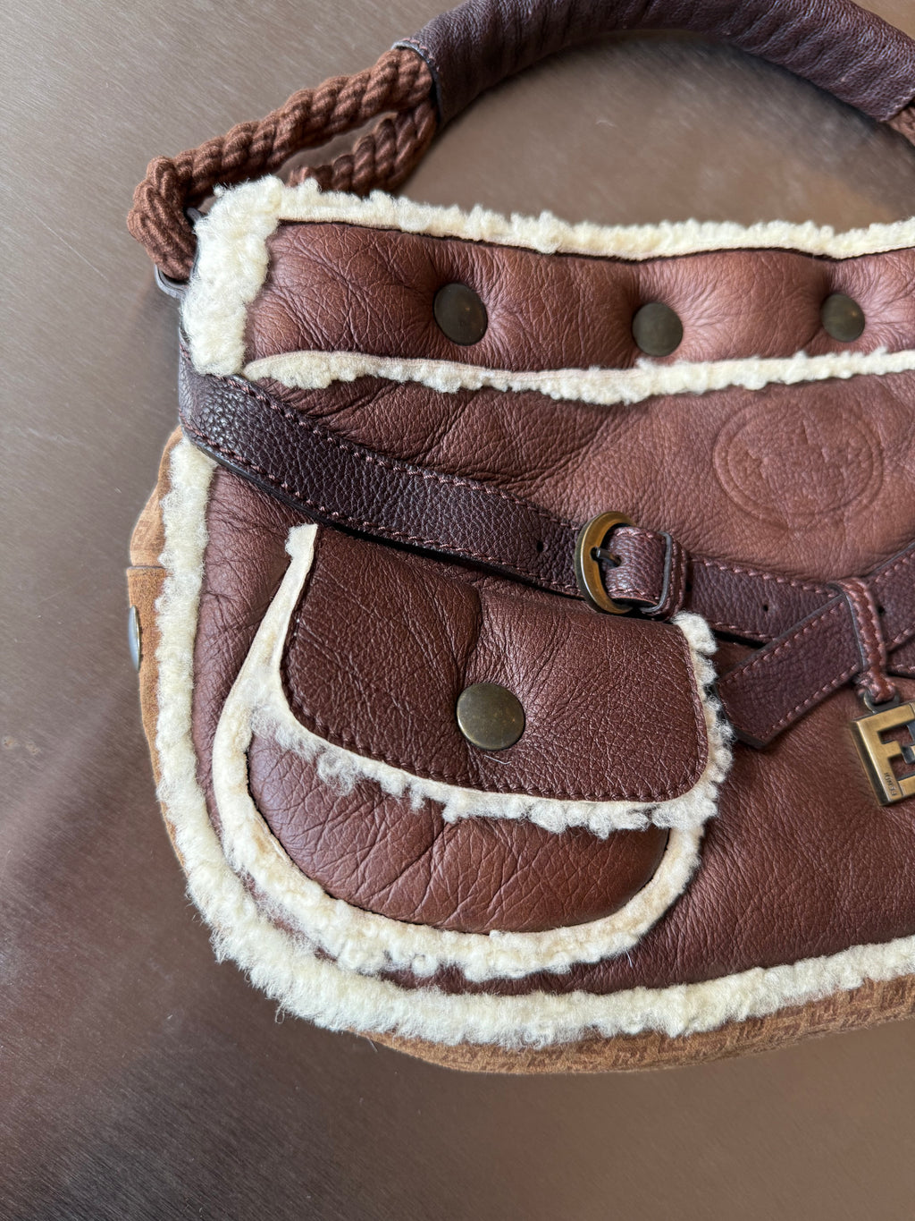 FENDI BROWN SUEDE & SHEARLING HOBO