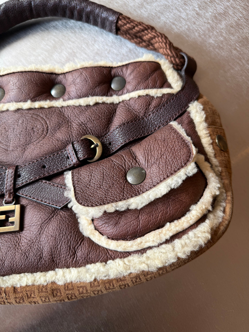 FENDI BROWN SUEDE & SHEARLING HOBO