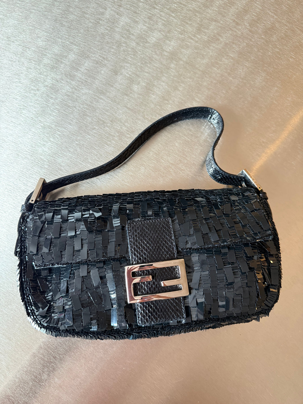 FENDI BLACK SEQUIN & PYTHON TRIM BAGUETTE