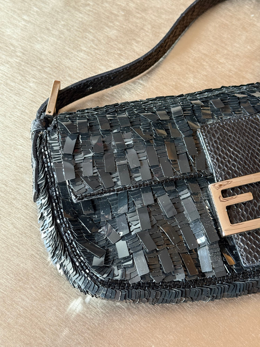 FENDI BLACK SEQUIN & PYTHON TRIM BAGUETTE