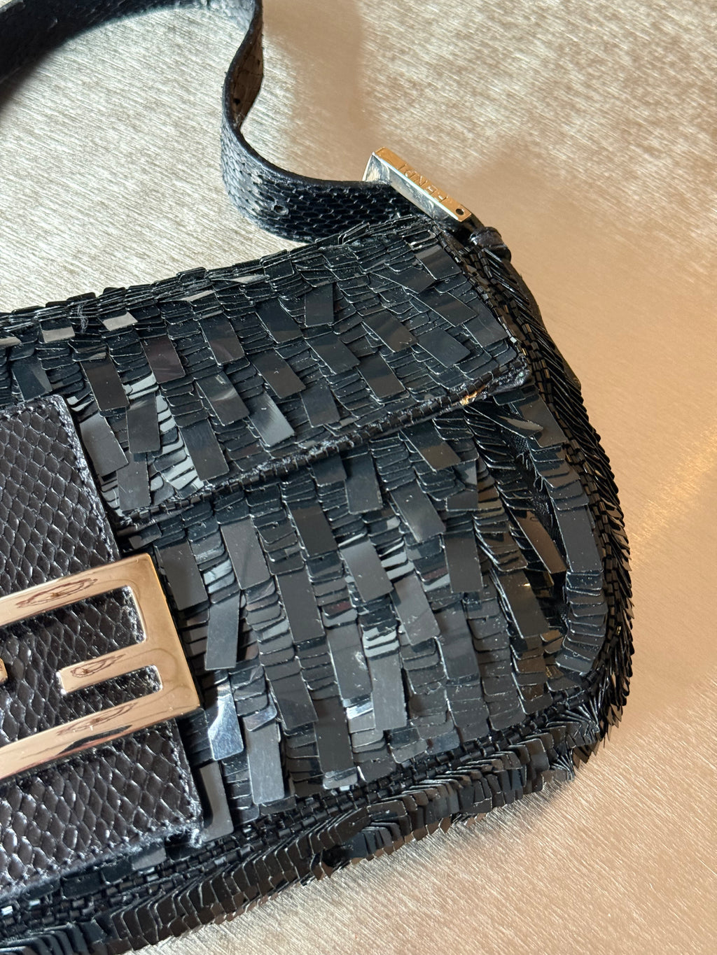 FENDI BLACK SEQUIN & PYTHON TRIM BAGUETTE