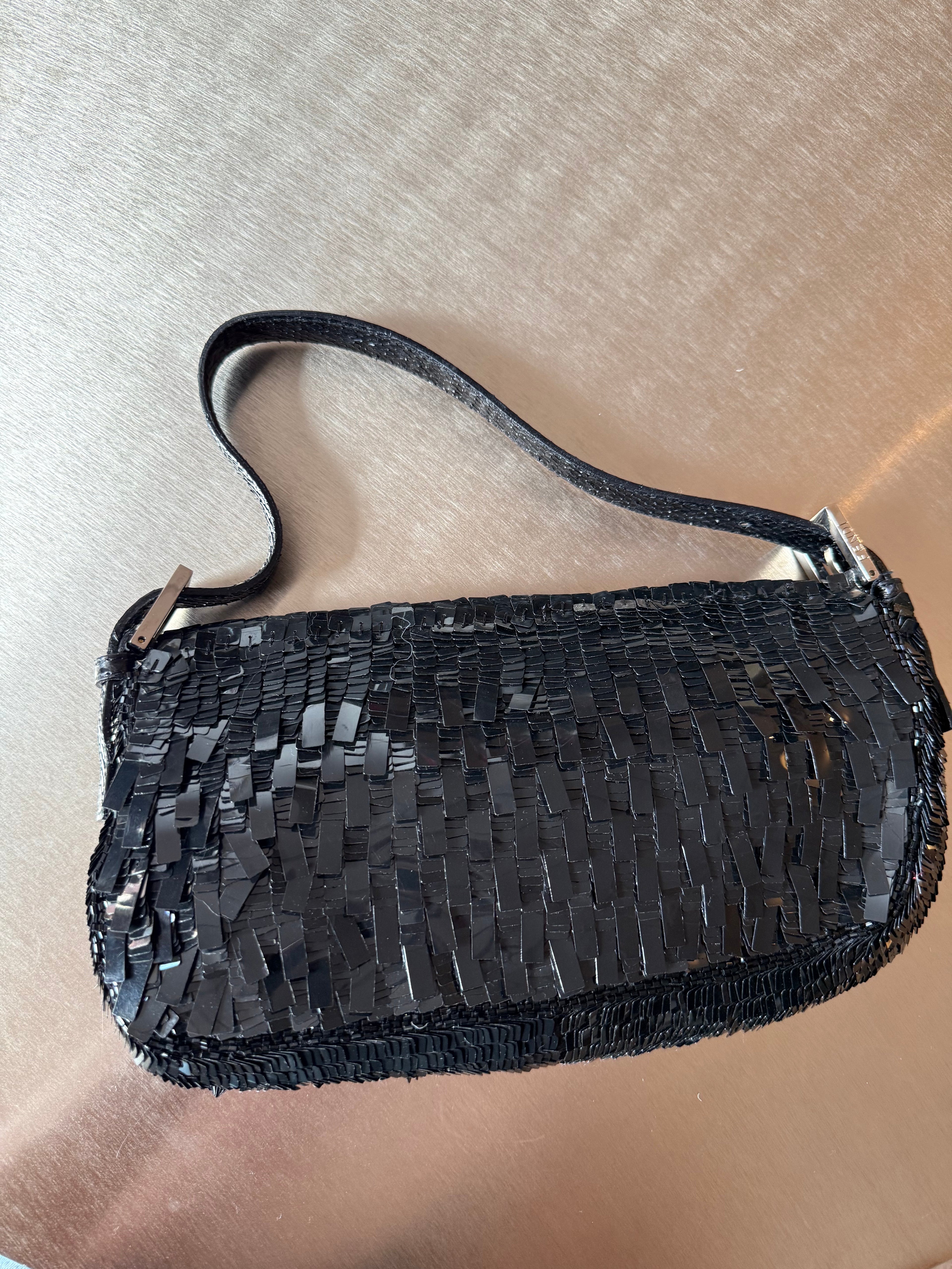 FENDI BLACK SEQUIN & PYTHON TRIM BAGUETTE