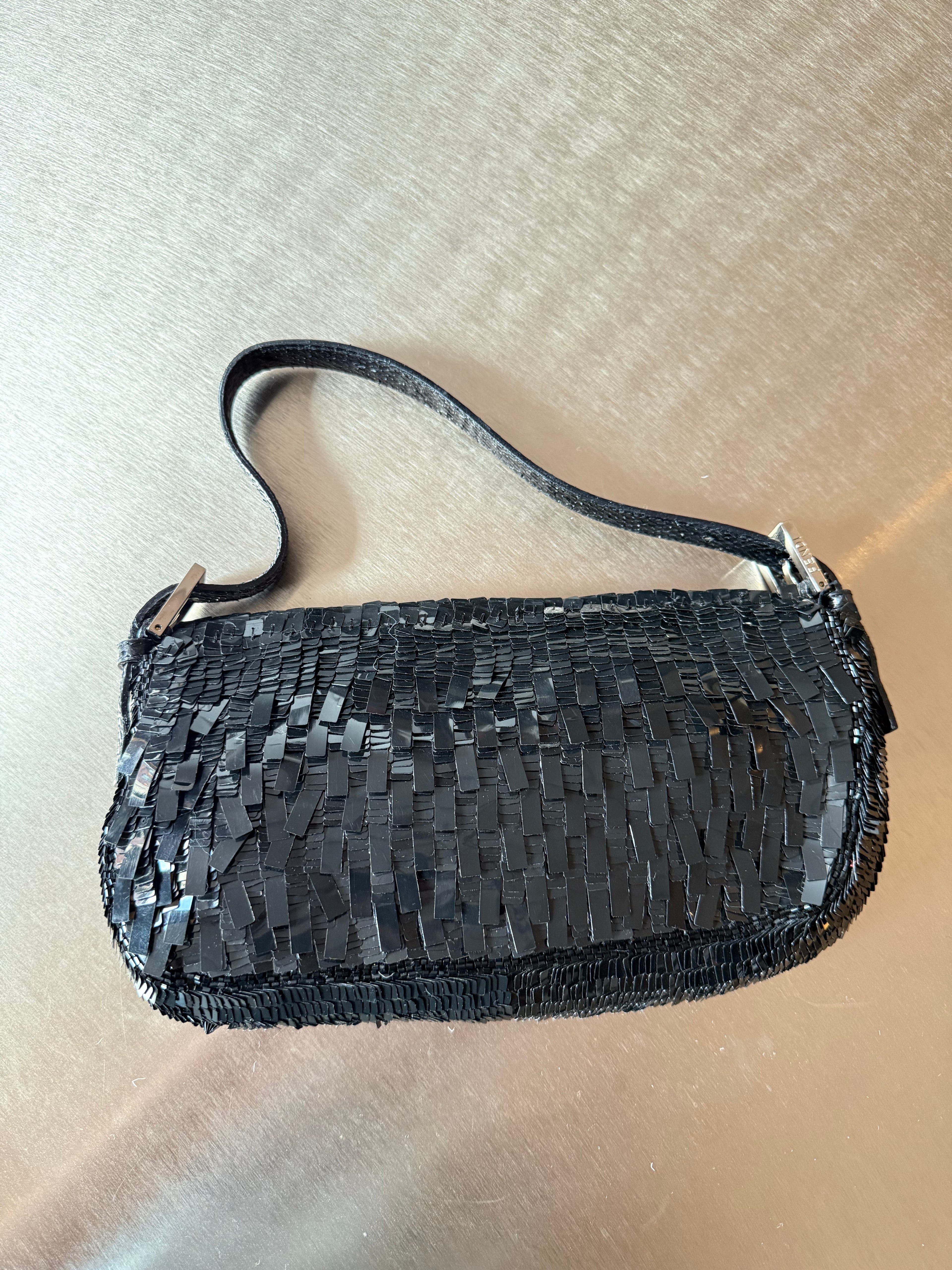 FENDI BLACK SEQUIN & PYTHON TRIM BAGUETTE
