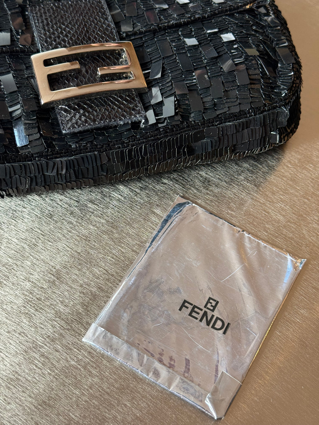 FENDI BLACK SEQUIN & PYTHON TRIM BAGUETTE