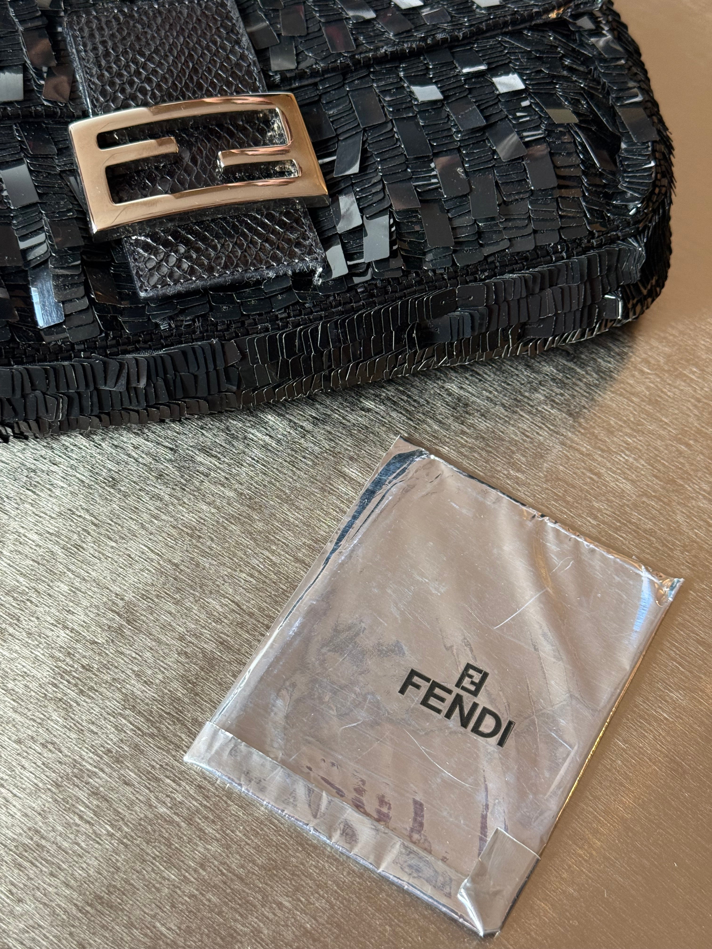 FENDI BLACK SEQUIN & PYTHON TRIM BAGUETTE