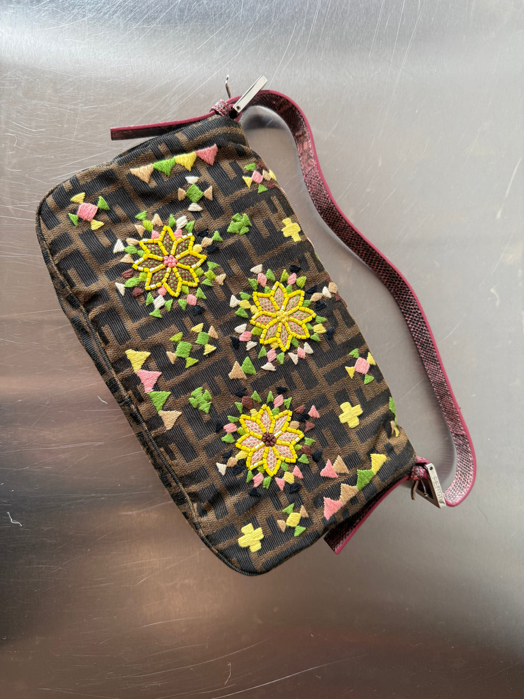 FENDI FLORAL EMBORIDERED ZUCCA BAGUETTE
