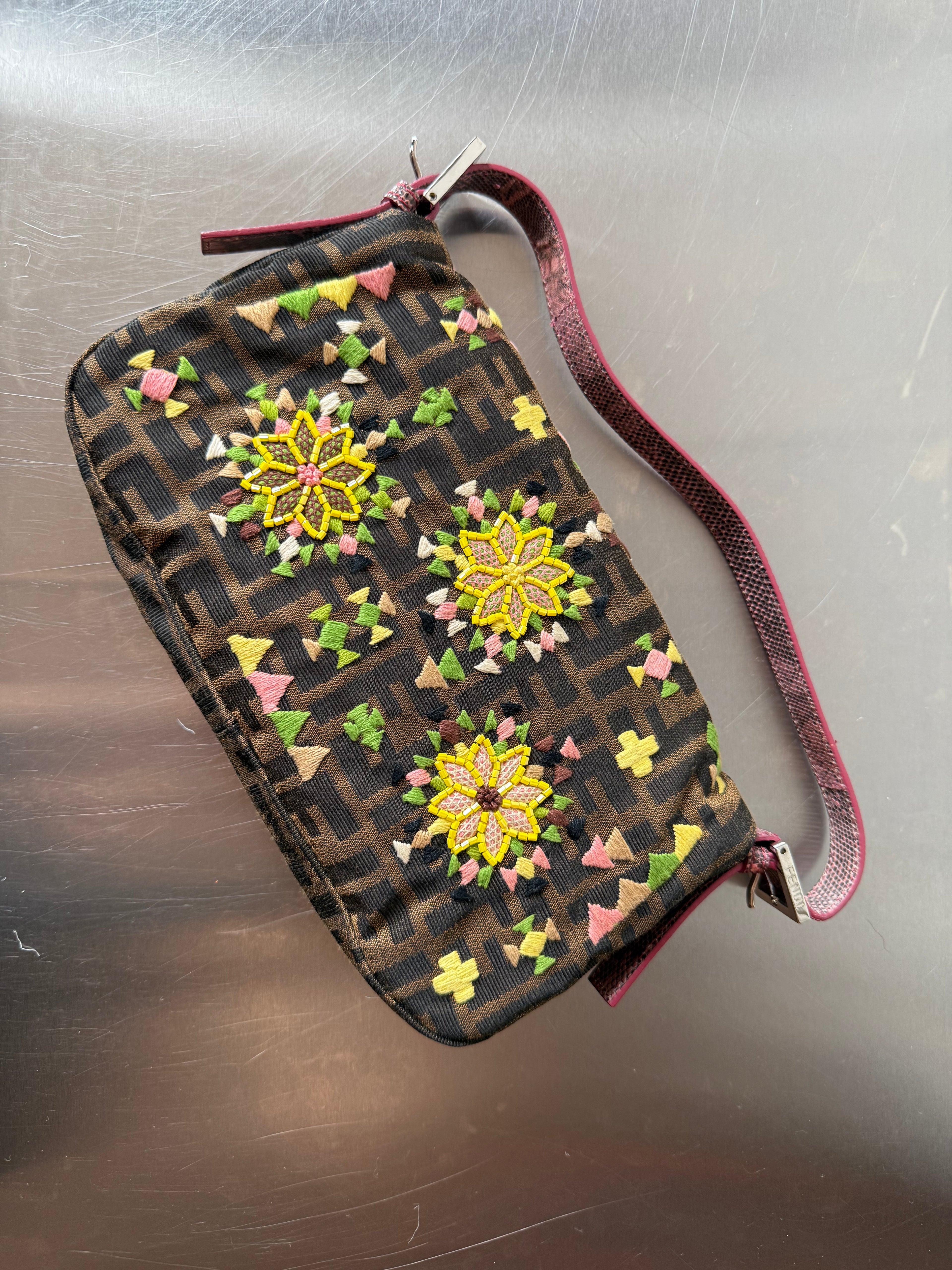 FENDI FLORAL EMBORIDERED ZUCCA BAGUETTE