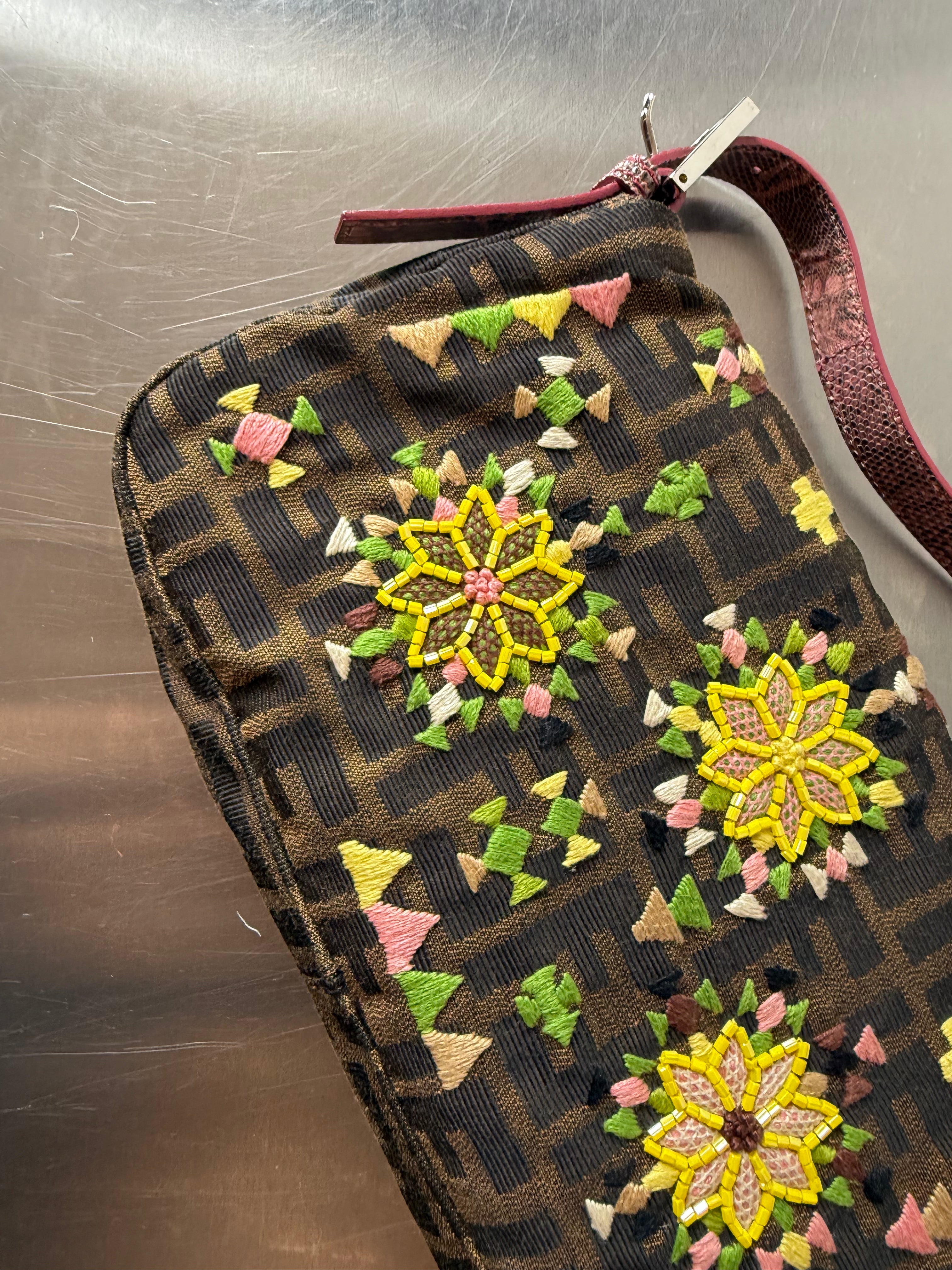 FENDI FLORAL EMBORIDERED ZUCCA BAGUETTE
