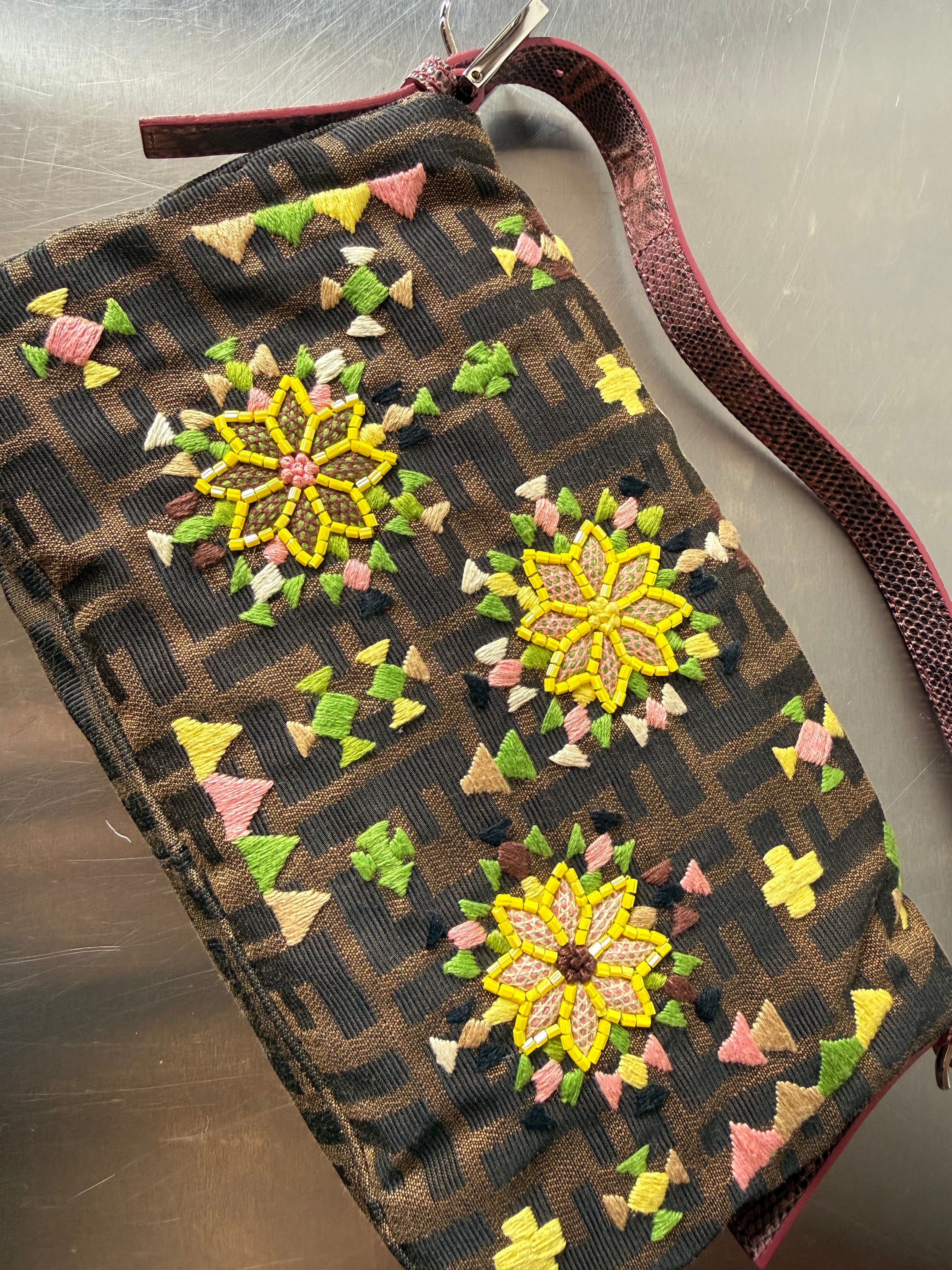 FENDI FLORAL EMBORIDERED ZUCCA BAGUETTE