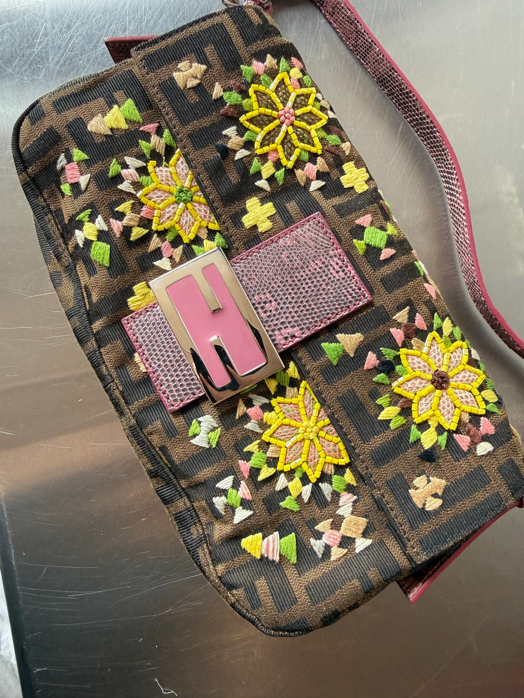 FENDI FLORAL EMBORIDERED ZUCCA BAGUETTE