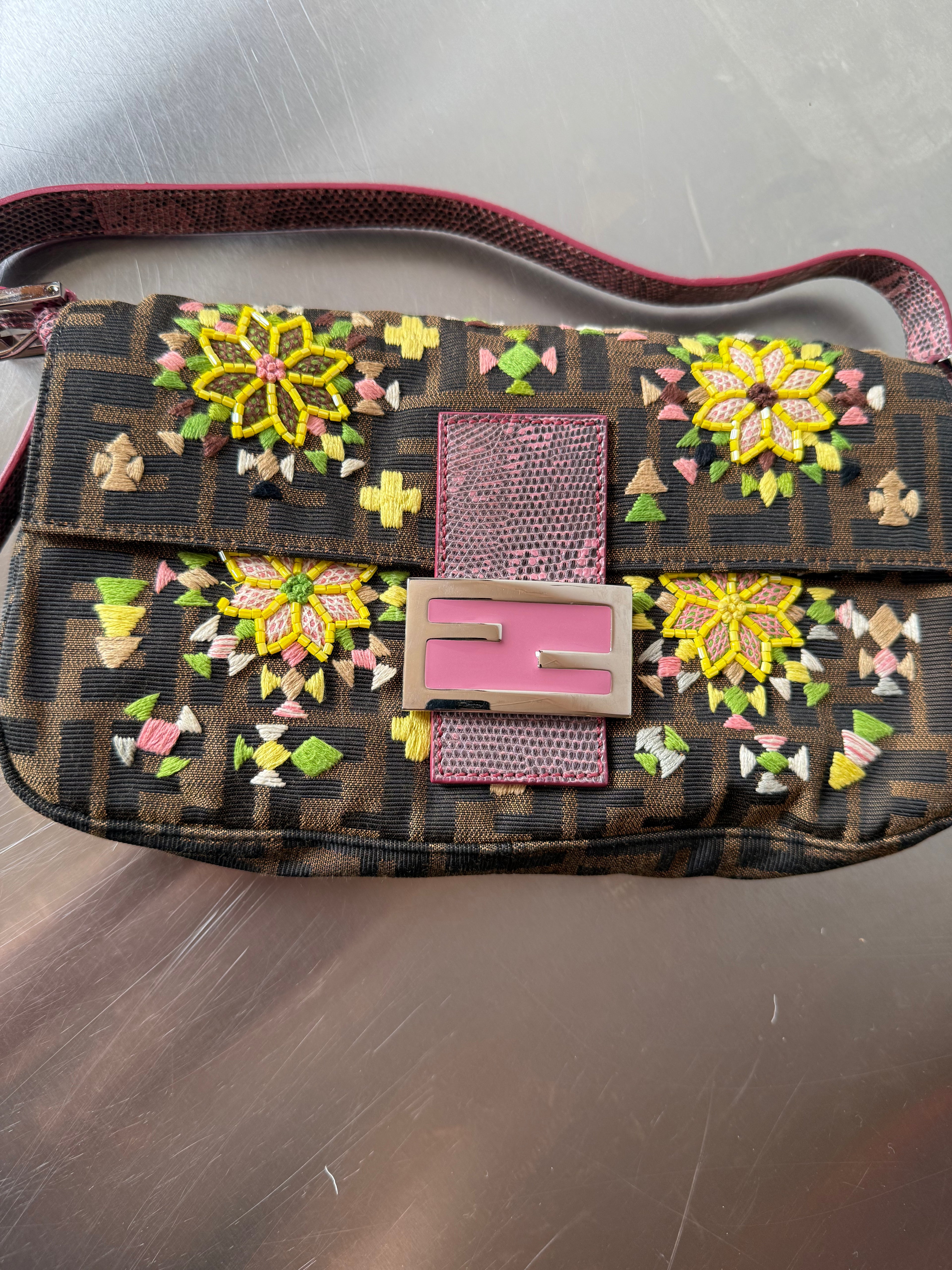 FENDI FLORAL EMBORIDERED ZUCCA BAGUETTE