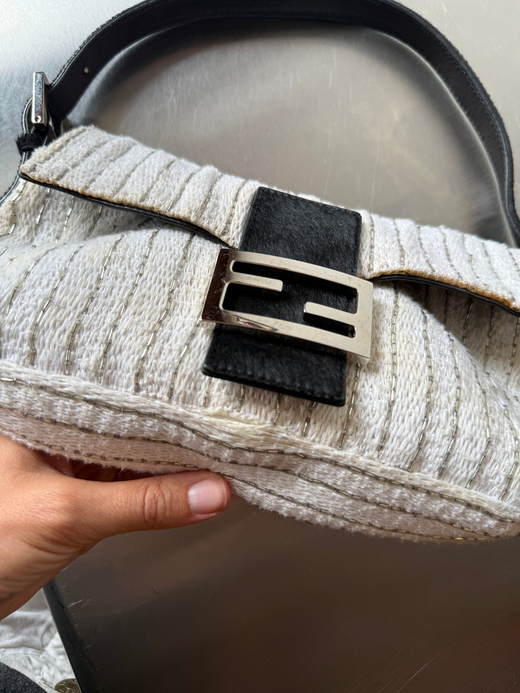 FENDI WHITE EMBELLISHED KNIT & PONYHAIR BAGUETTE