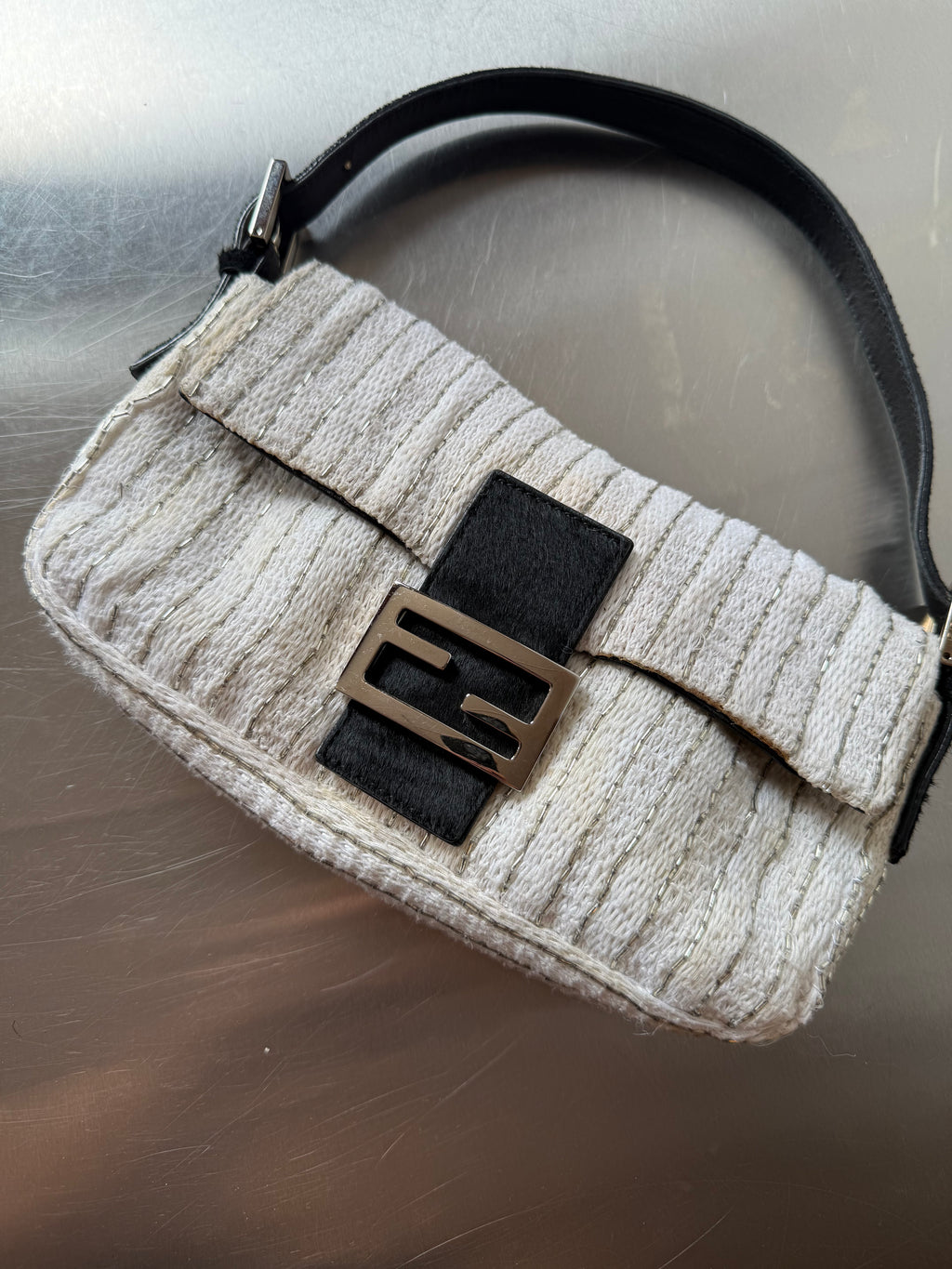 FENDI WHITE EMBELLISHED KNIT & PONYHAIR BAGUETTE