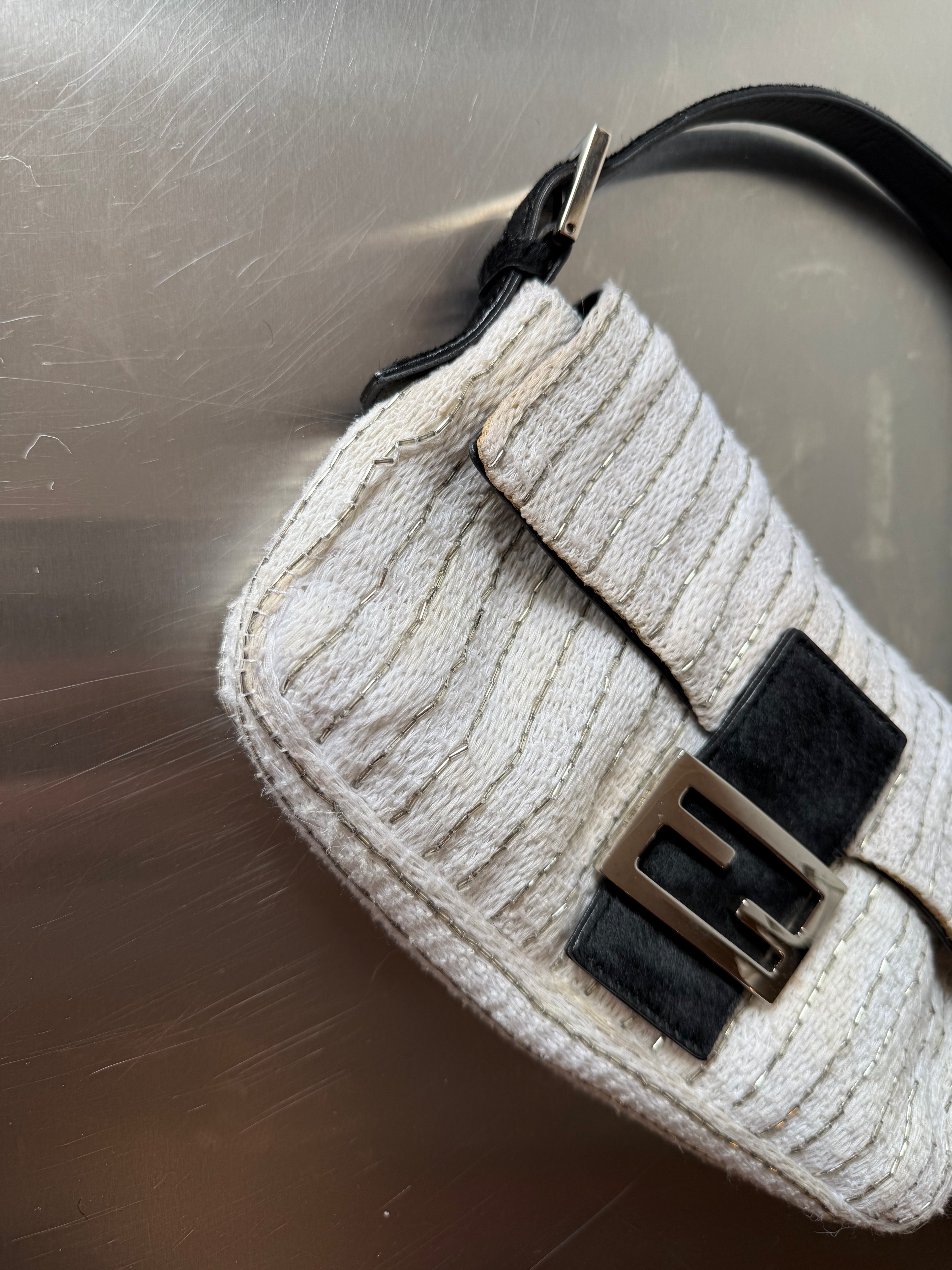 FENDI WHITE EMBELLISHED KNIT & PONYHAIR BAGUETTE