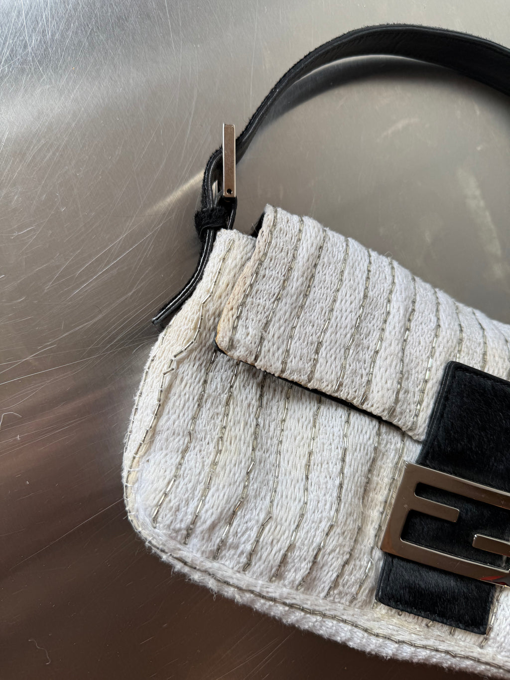 FENDI WHITE EMBELLISHED KNIT & PONYHAIR BAGUETTE