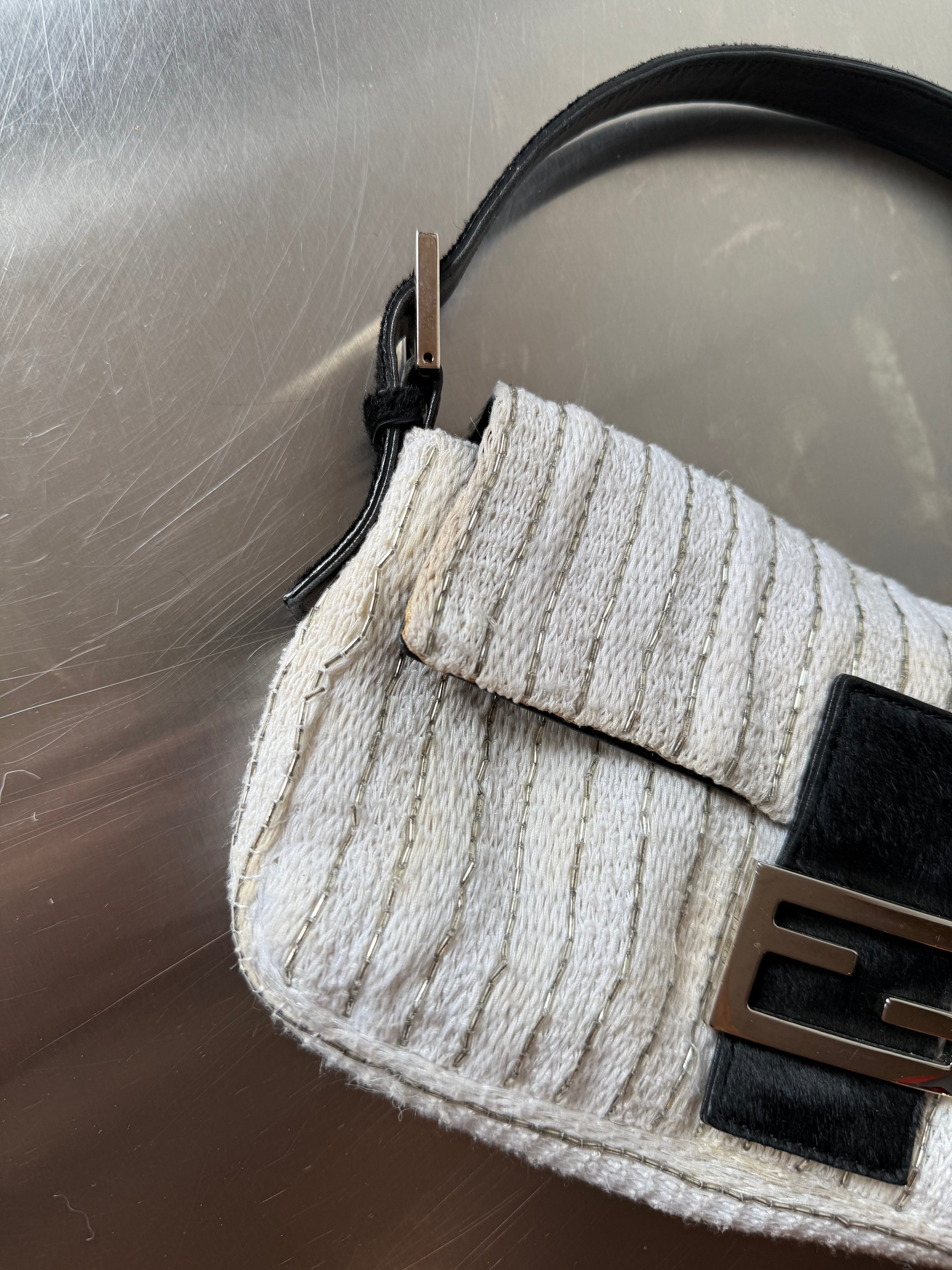 FENDI WHITE EMBELLISHED KNIT & PONYHAIR BAGUETTE