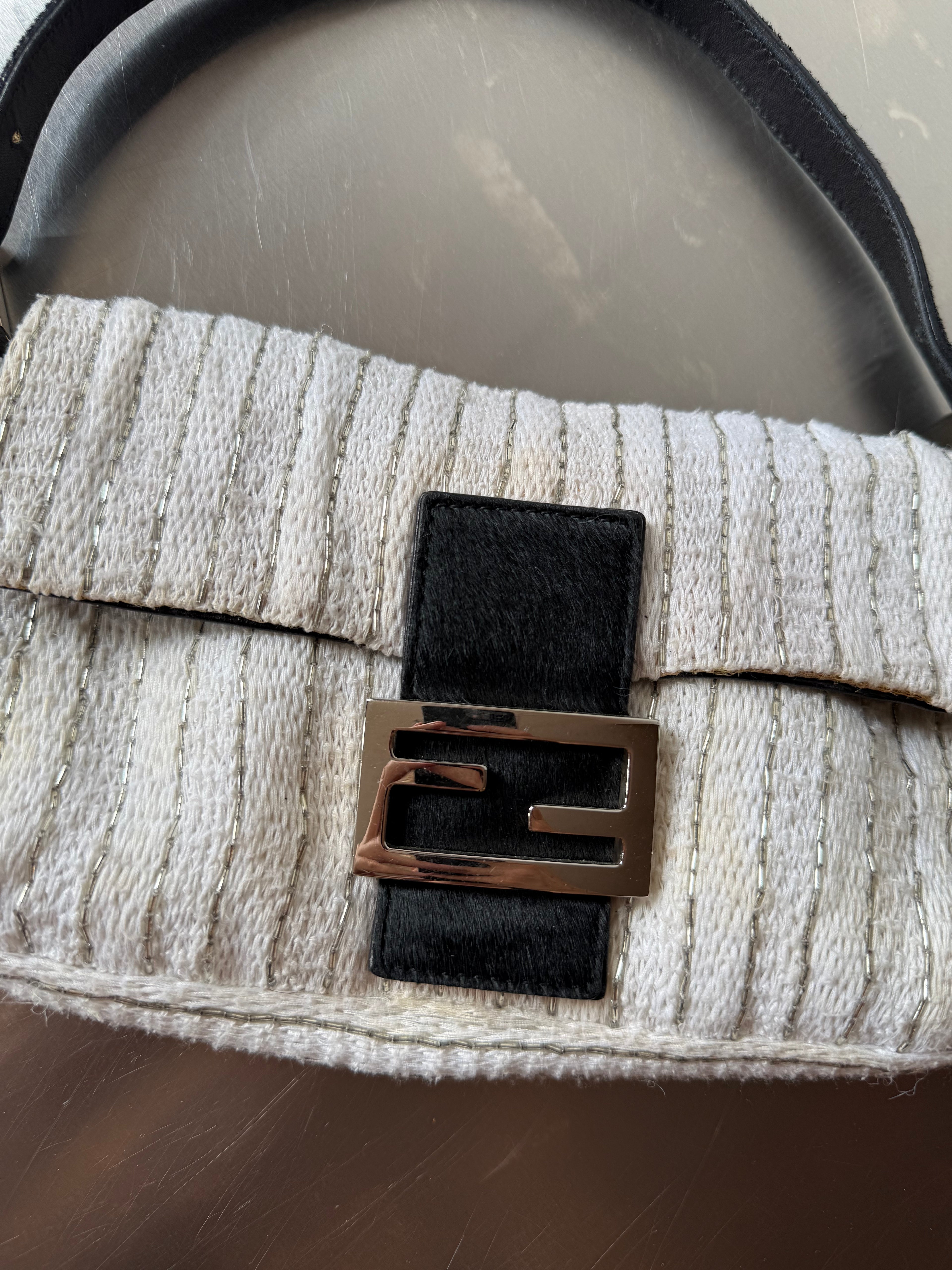 FENDI WHITE EMBELLISHED KNIT & PONYHAIR BAGUETTE