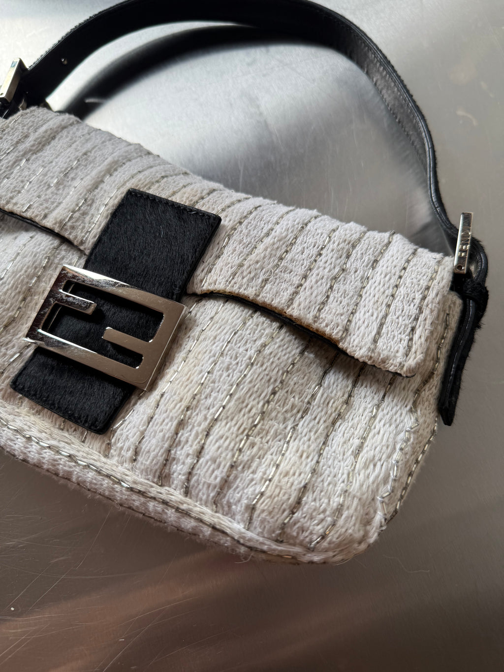 FENDI WHITE EMBELLISHED KNIT & PONYHAIR BAGUETTE