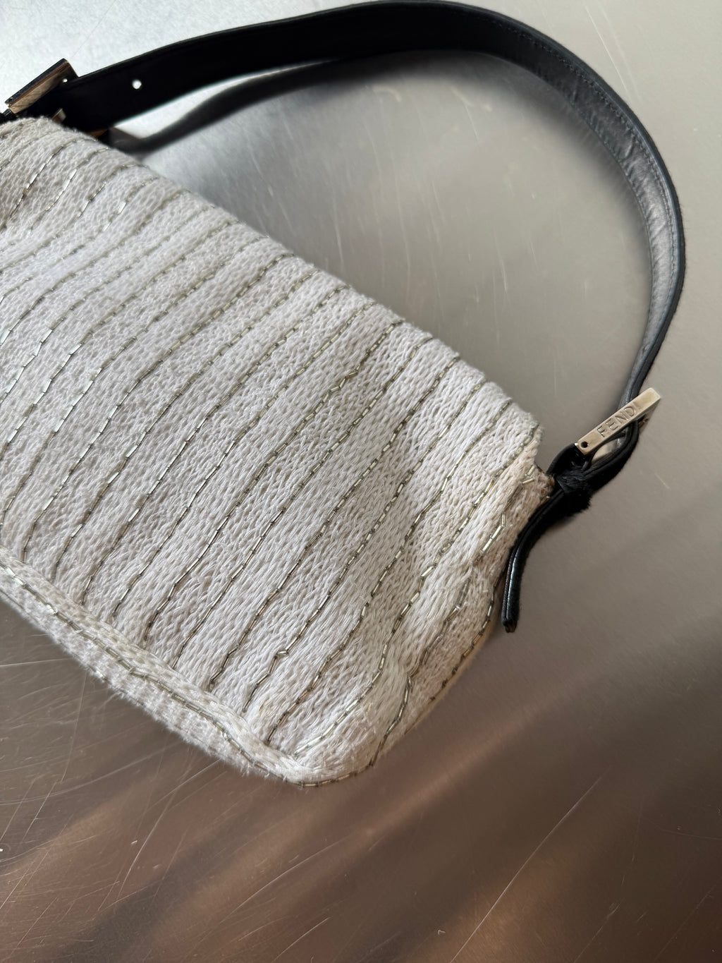 FENDI WHITE EMBELLISHED KNIT & PONYHAIR BAGUETTE