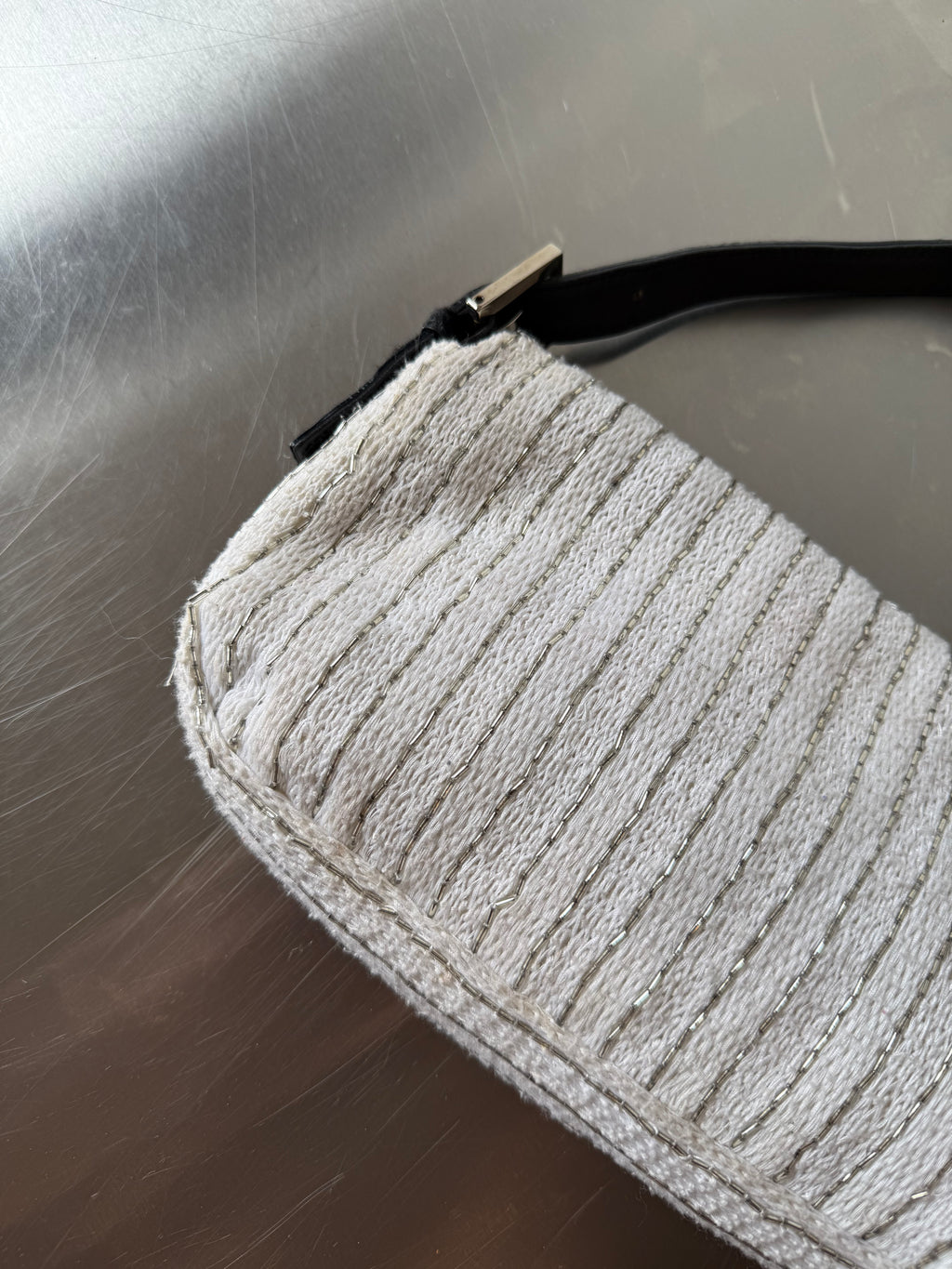 FENDI WHITE EMBELLISHED KNIT & PONYHAIR BAGUETTE