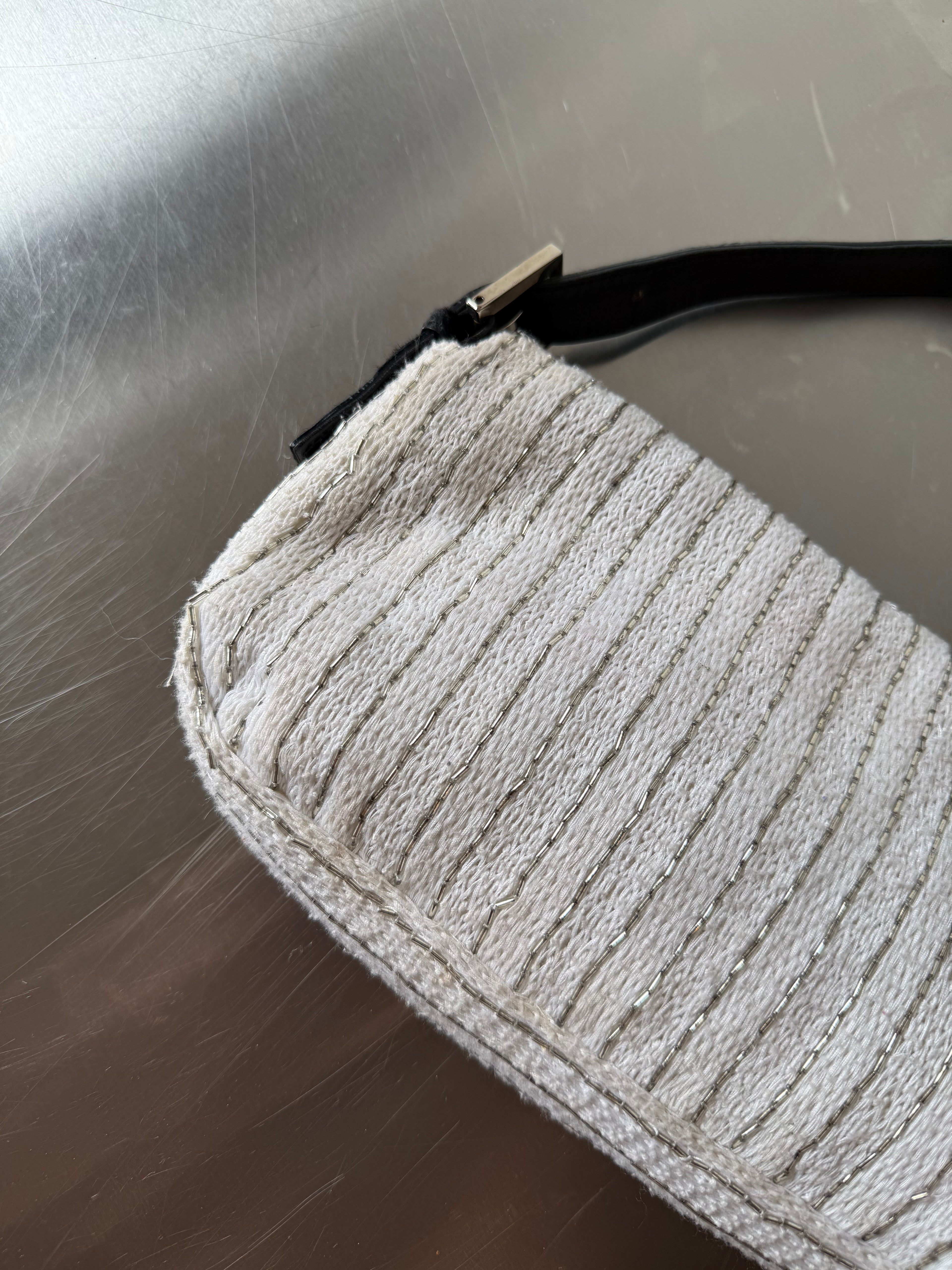 FENDI WHITE EMBELLISHED KNIT & PONYHAIR BAGUETTE