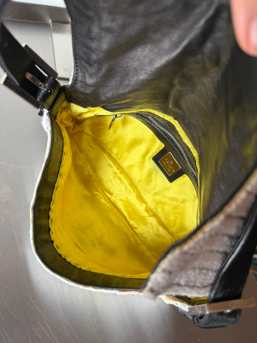 FENDI WHITE EMBELLISHED KNIT & PONYHAIR BAGUETTE