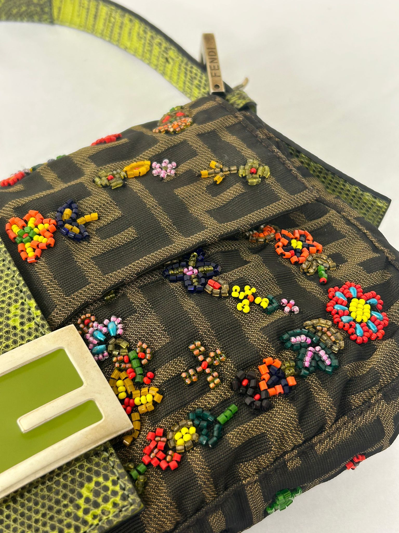 FENDI FLORAL BEADED ZUCCA BAGUETTE