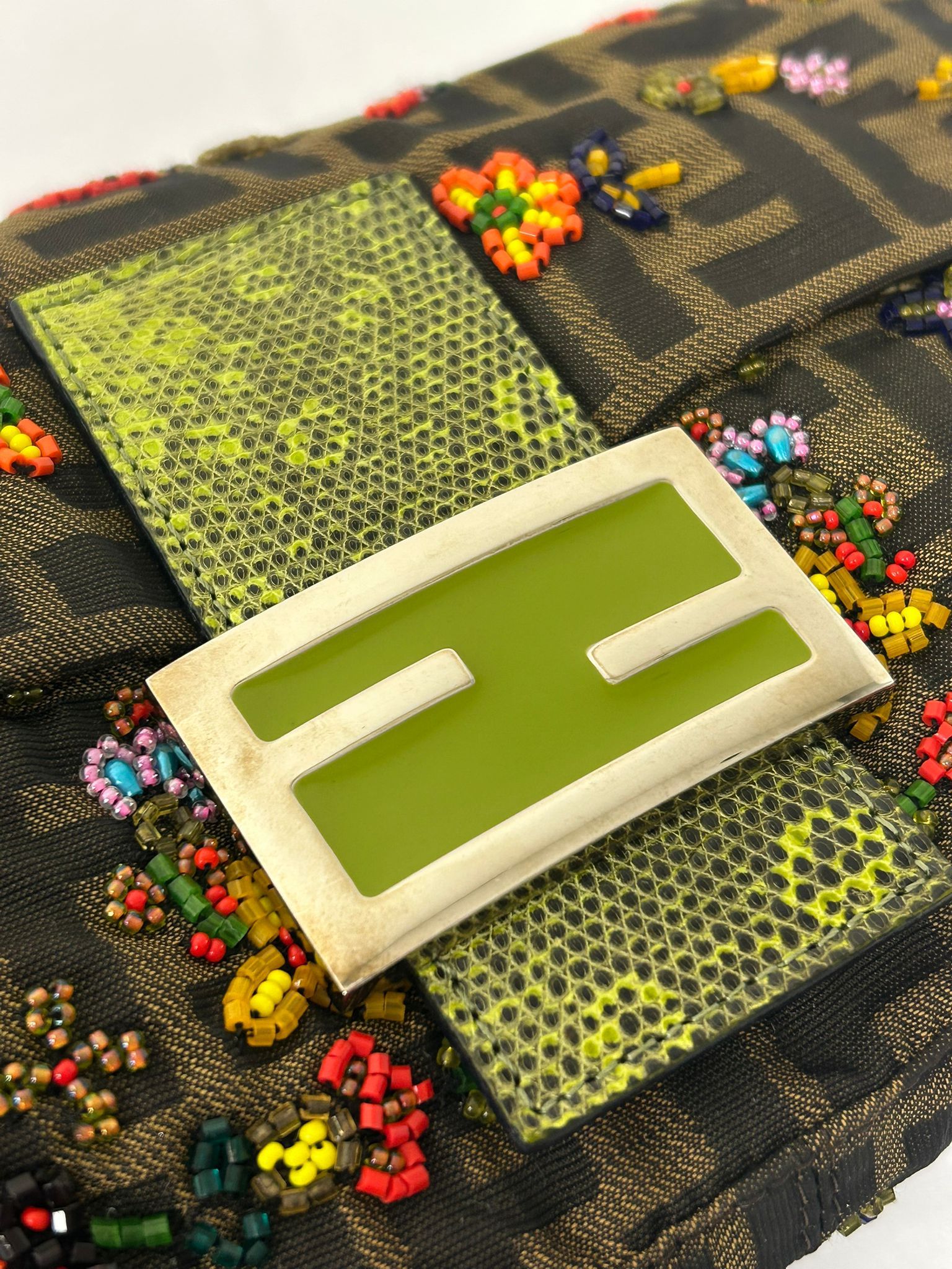 FENDI FLORAL BEADED ZUCCA BAGUETTE