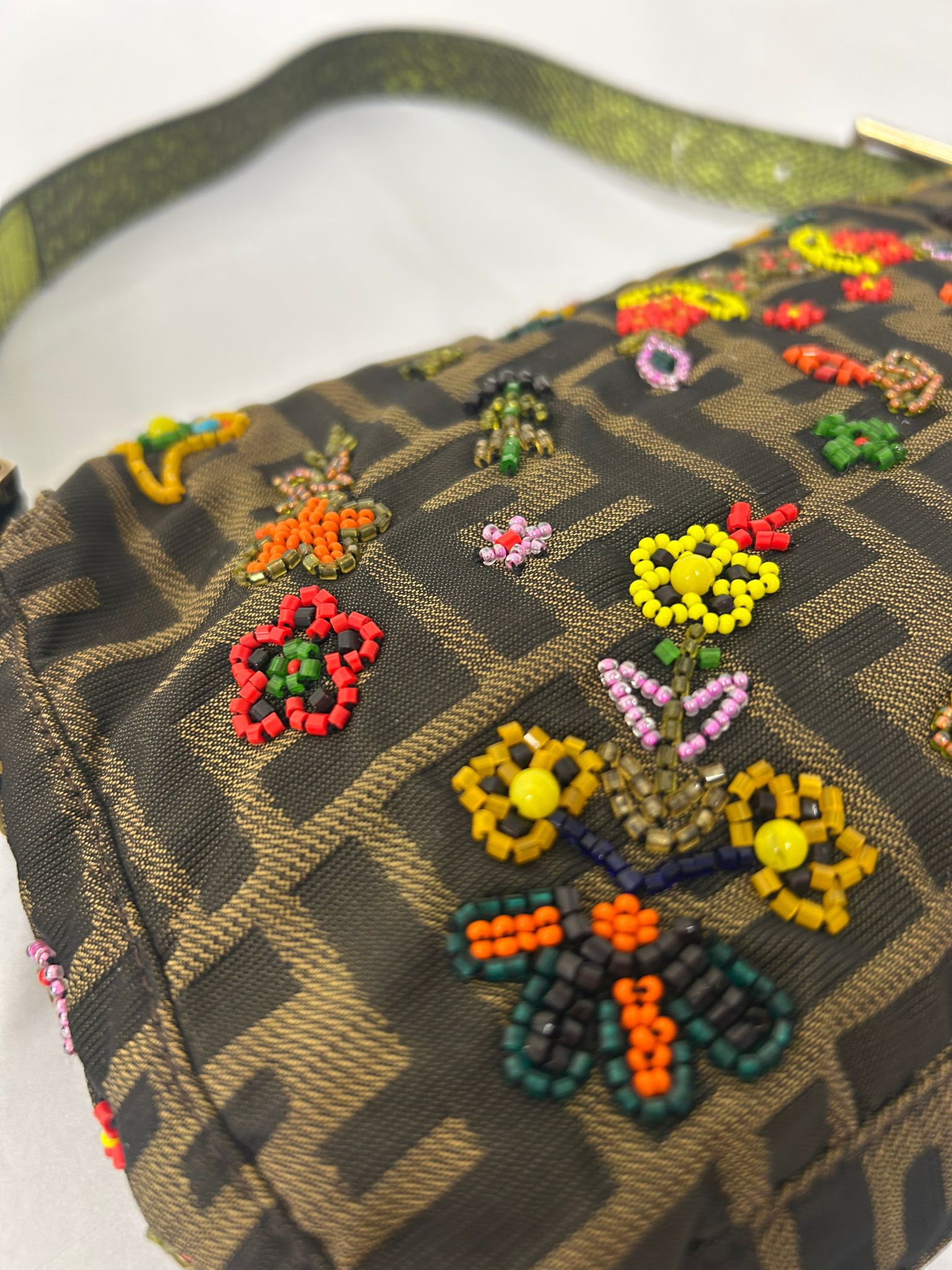 FENDI FLORAL BEADED ZUCCA BAGUETTE