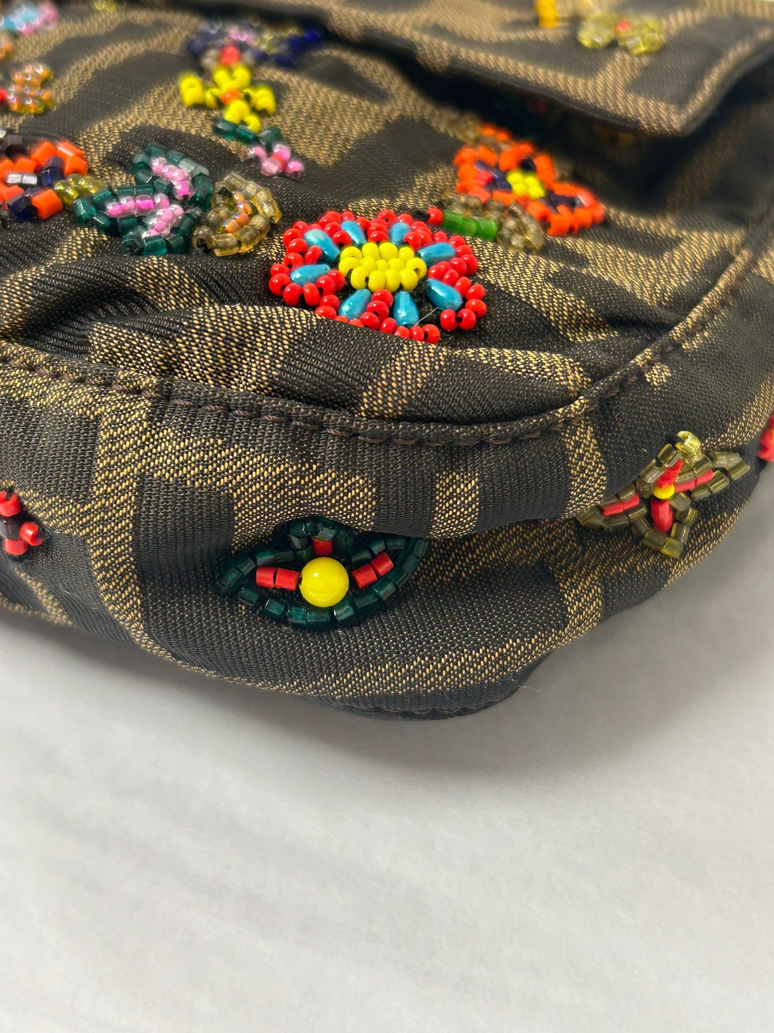 FENDI FLORAL BEADED ZUCCA BAGUETTE