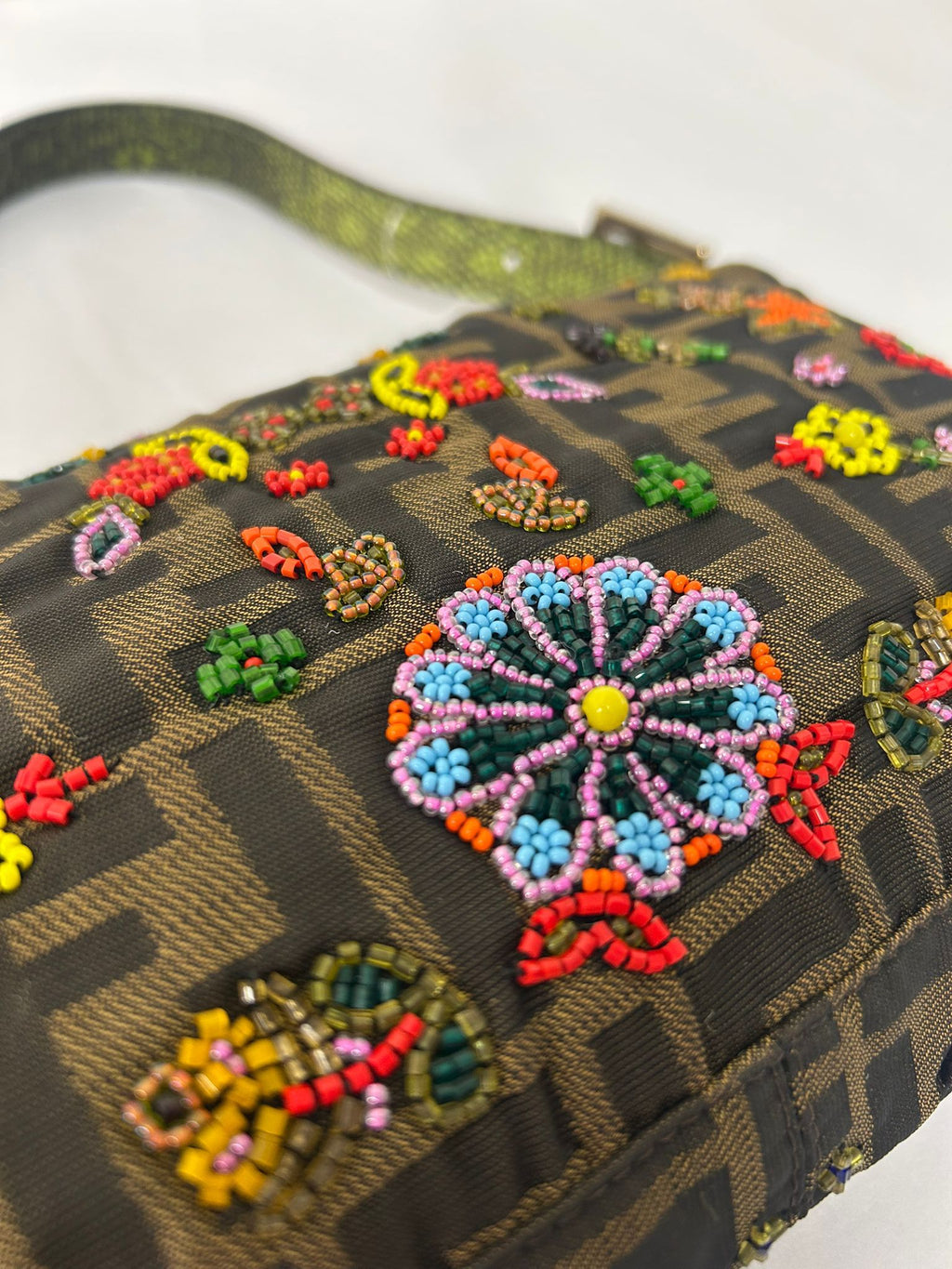 FENDI FLORAL BEADED ZUCCA BAGUETTE
