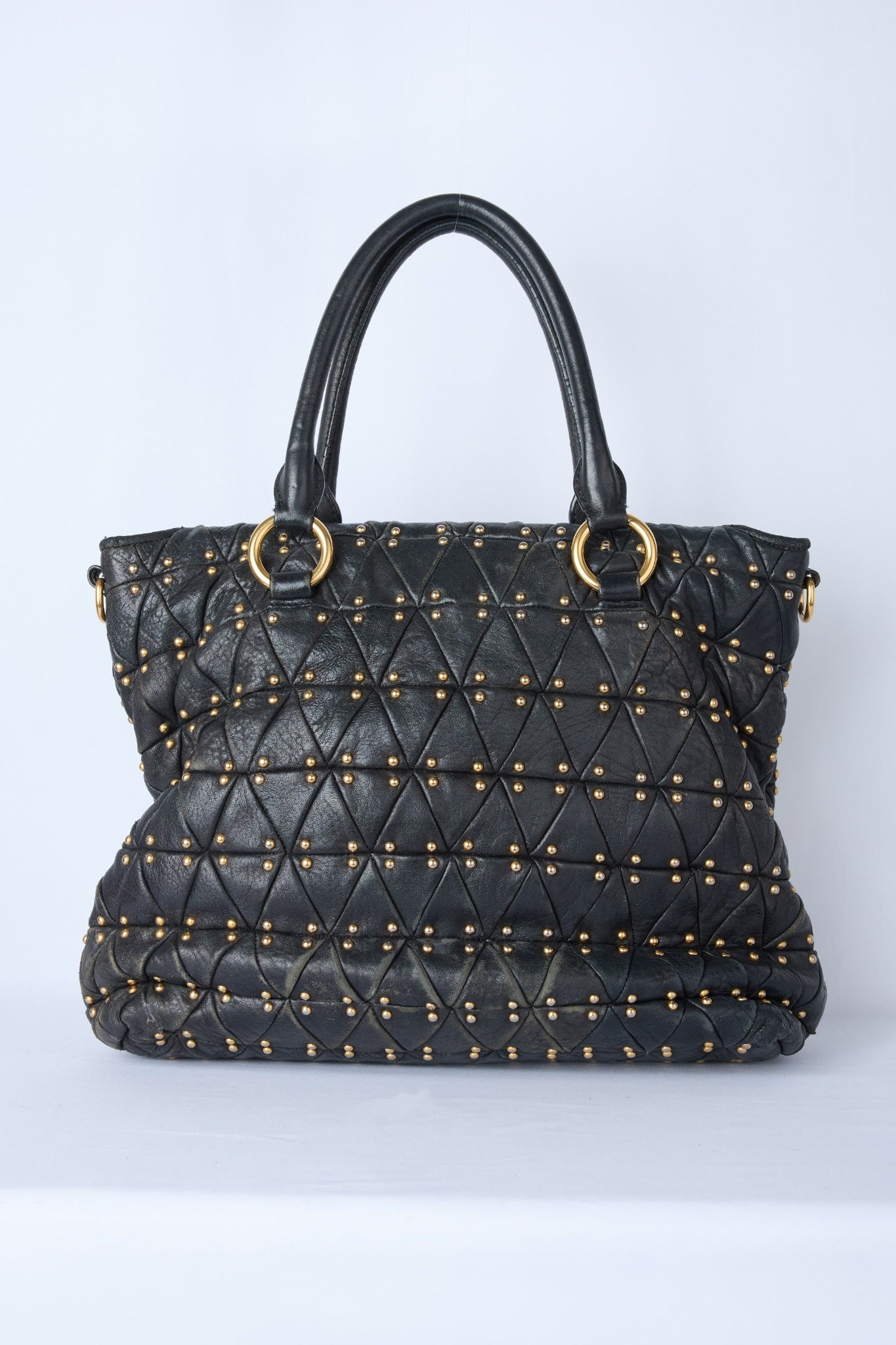 MIU MIU BLACK MATELASSÉ STUDDED QUILTED TOTE